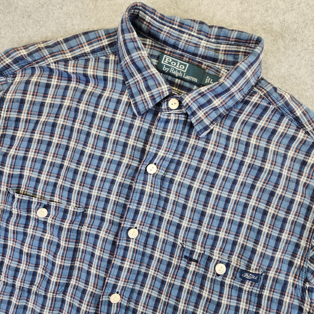 Vintage Polo Ralph Lauren Linen Camp Shirt Long Sleeve Men's‎ L Blue Plaid